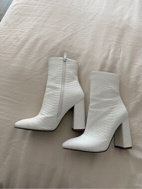 White Textured Block Heel Ankle Boots - Women